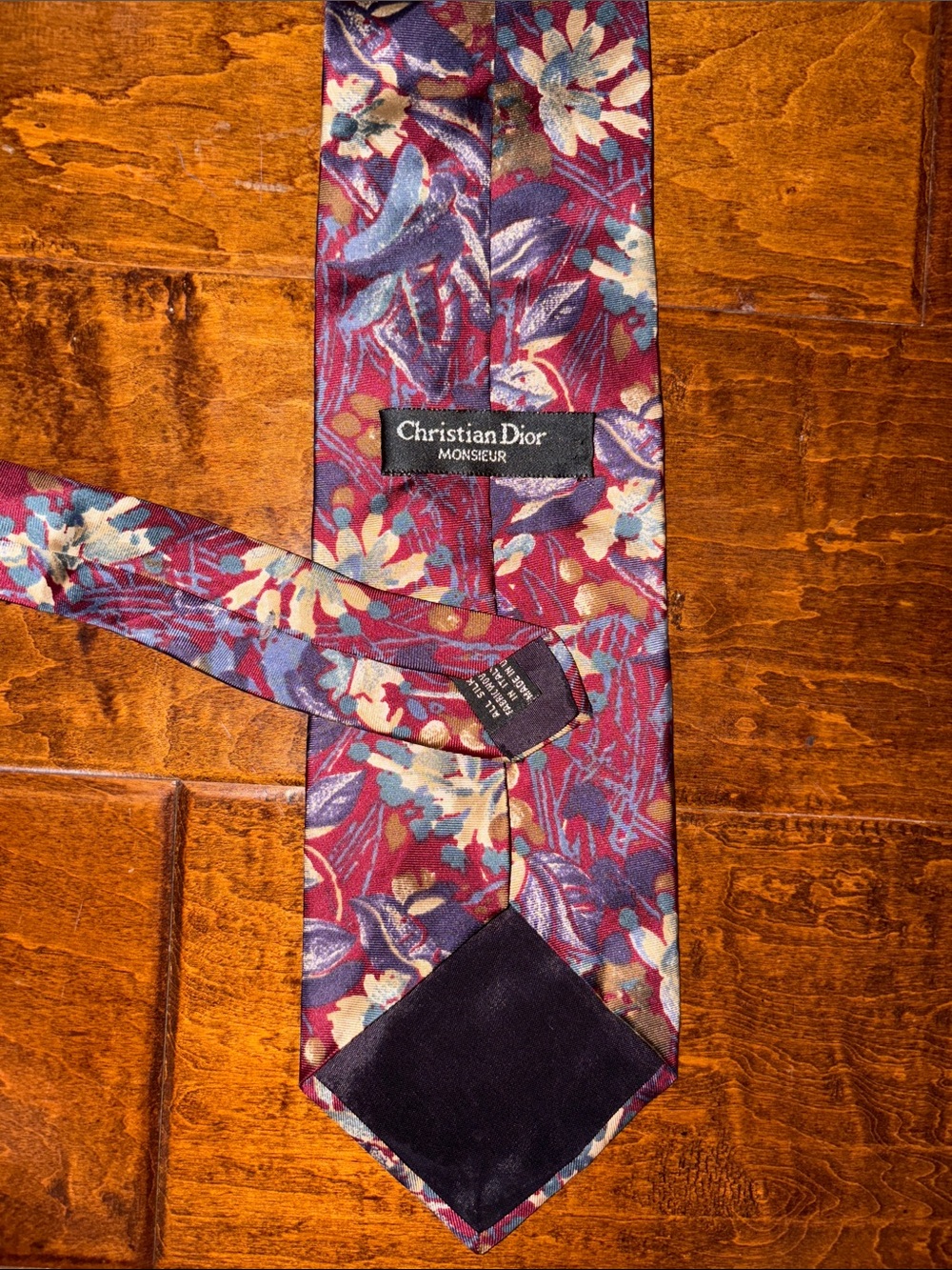 Dior Floral Silk Tie in Burgundy, Blue & Cream